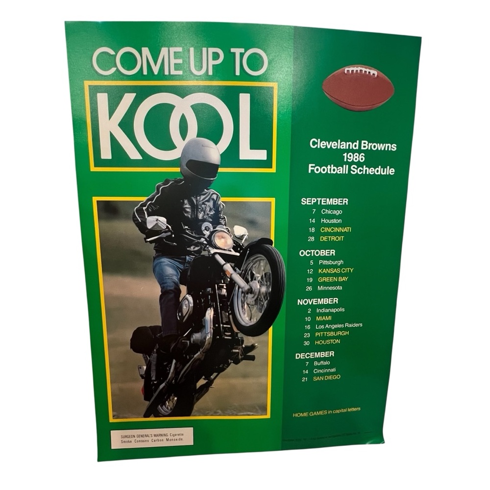 Vintage Kool Cigarette Cleveland‎ Browns Football  Schedule 1986 Poster 24x18